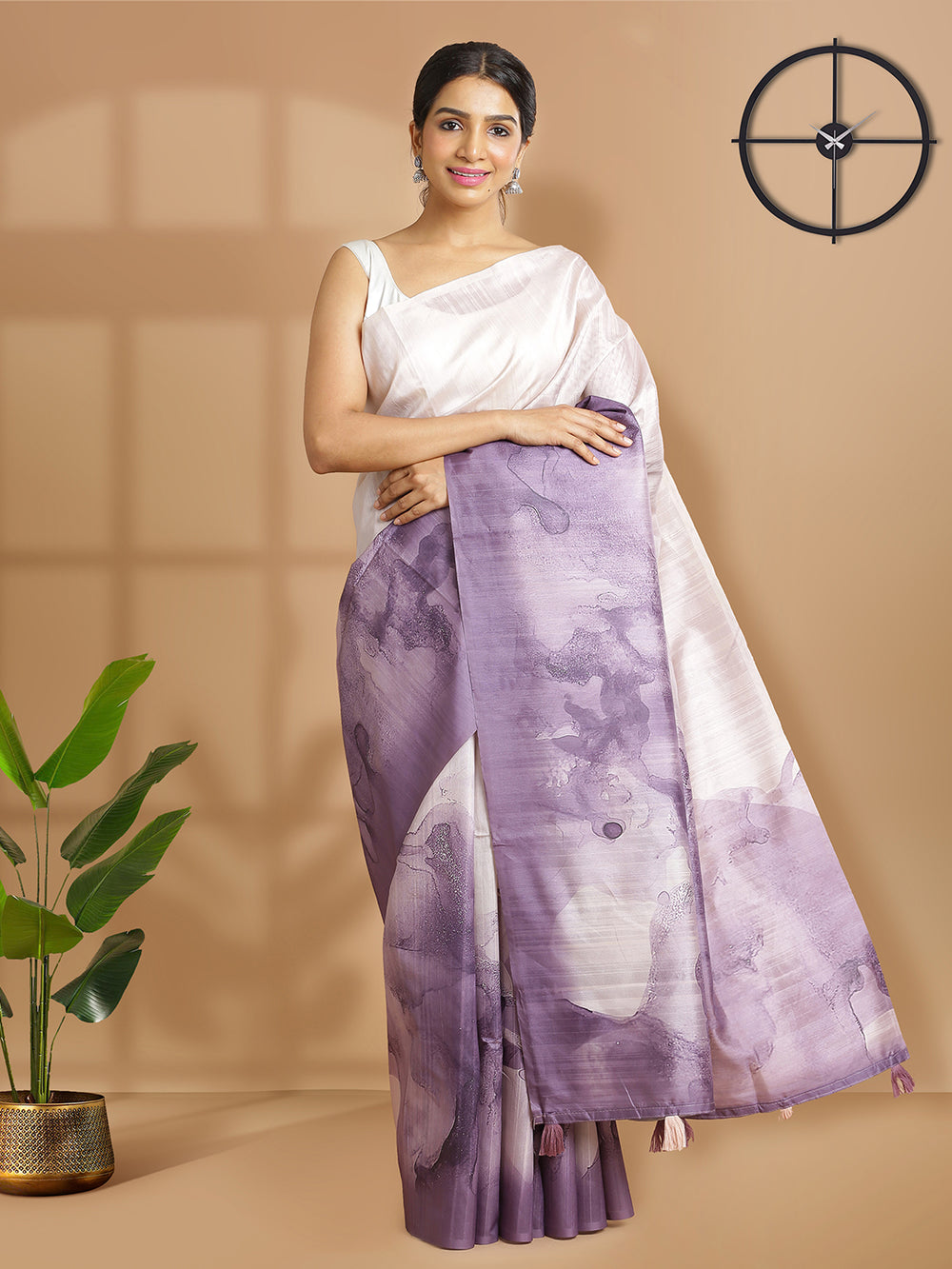 Lavender And Light Rose Color Semi Tusser Saree With Self Stripes And Print Design Over Body
