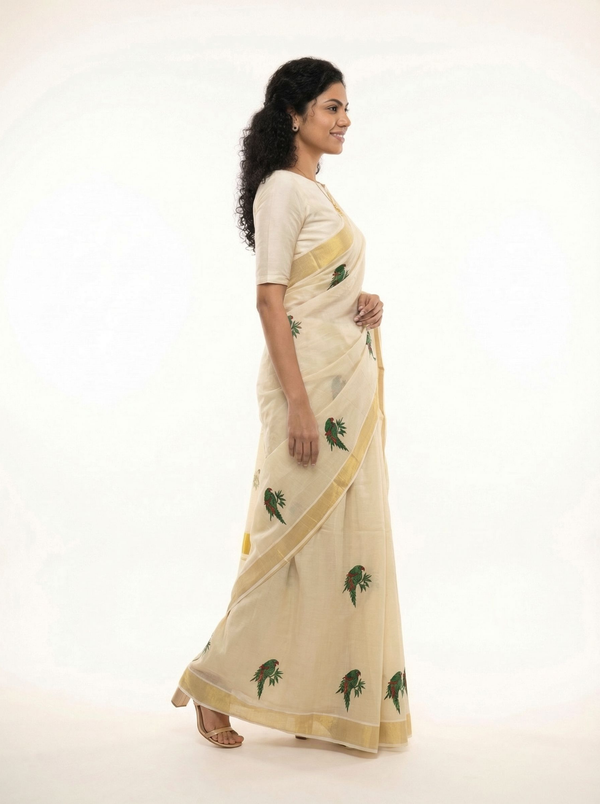 Cotton Cream Saree with Parrot Motif Print Pattern Onam Special Kerala Saree