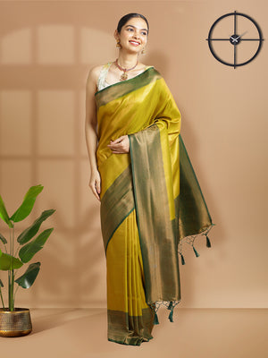 Yellow Green Color Golden Woven Designed Kubera Silk Saree With Bottle Green Border