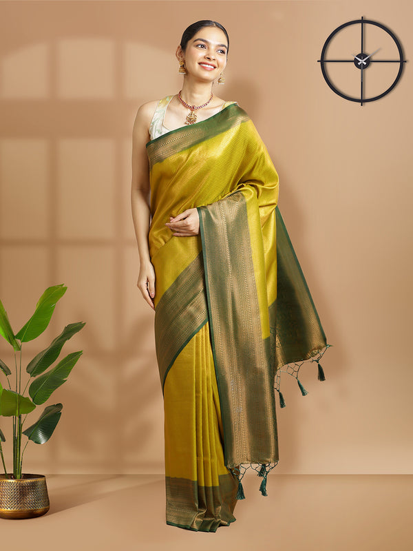 Yellow Green Color Golden Woven Designed Kubera Silk Saree With Bottle Green Border