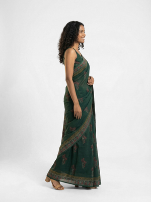 Chanderi Cotton Dark Green Embroidered Saree