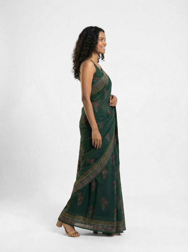 Chanderi Cotton Dark Green Embroidered Saree