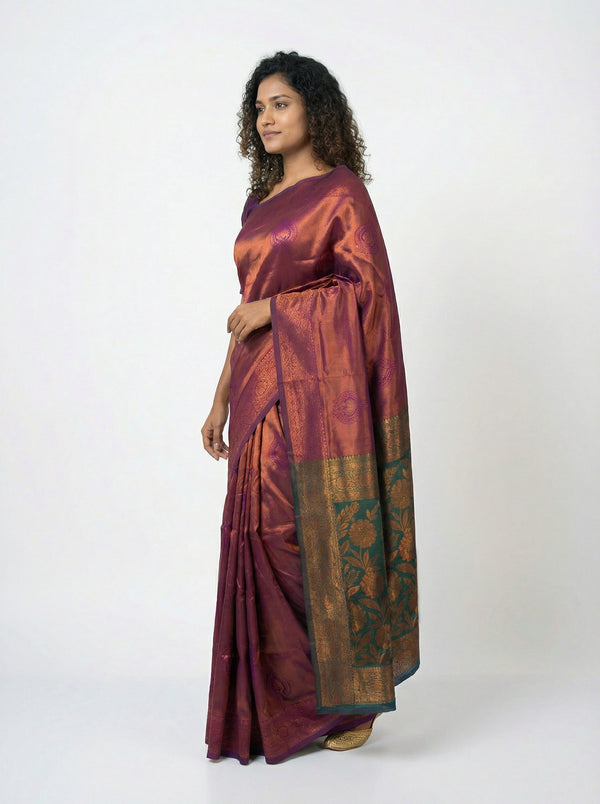 Semi Silk Women’s Grape Saree with Designer Floral Pattern & Green Blouse