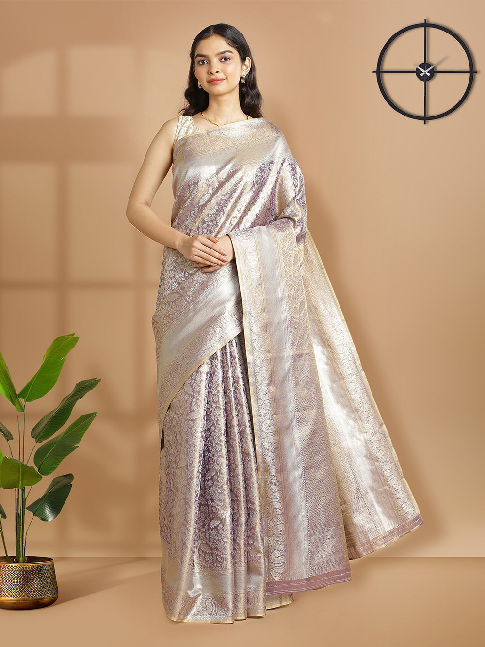 Lavender With Golden Tissue Saree With Self Floral Design And Same Zari Border