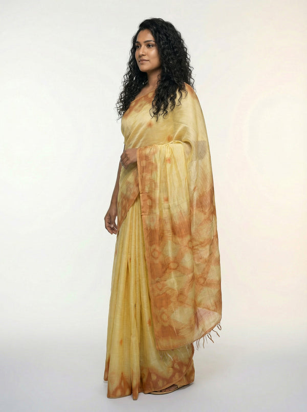 Semi Silk Elegant California Peach Saree with Contemporary Ikat Pattern