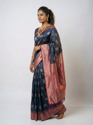 Chanderi Silk Premium Peacock Blue Saree with Geometric Square Motifs