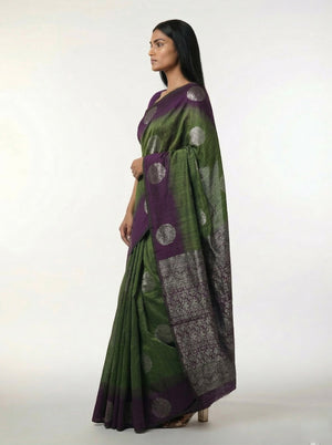 Art Silk Contemporary Green Purple Ethnic Saree with Zari Detailing