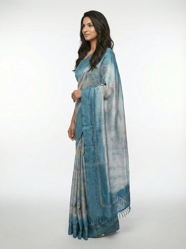 Semi Silk Light Ash Saree with Thread & Sequin Work