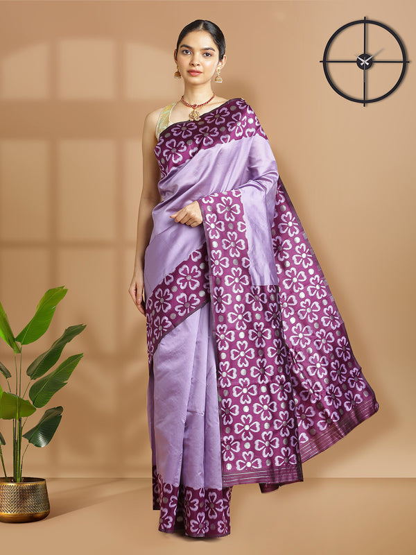 Lavener Color Art Silk Plain Saree With Purple Floral Printed Border And Pallu
