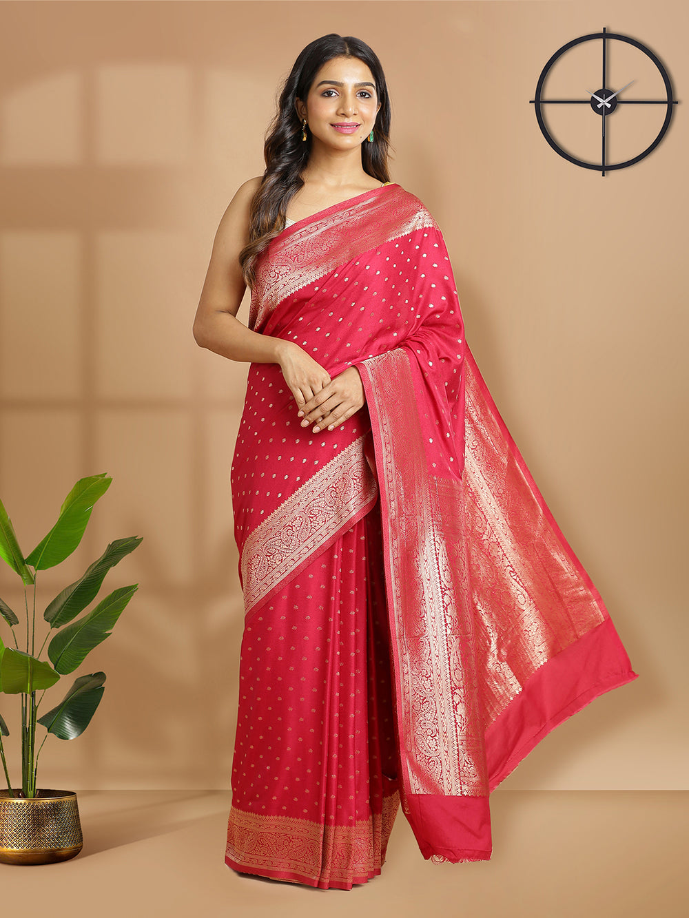 Maroon Georgette Banarasi Saree With Golden Polka Dots Over Body