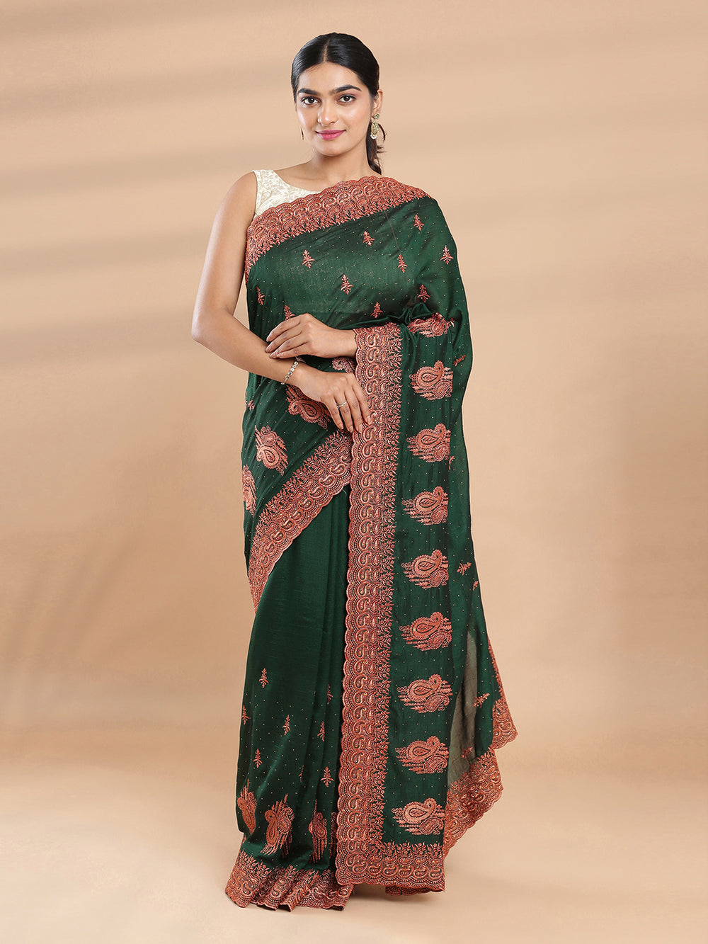 Bottle Green Color Vijithra Silk Saree With Mini Stone Work And Copper Embroidery Butta Design