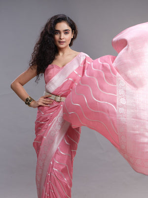 Peach Pink Satin Crape Ethnic Wear Saree