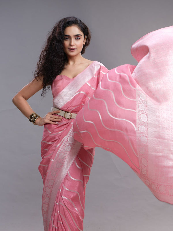 Peach Pink Satin Crape Ethnic Wear Saree