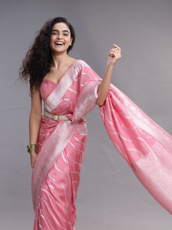 Peach Pink Satin Crape Ethnic Wear Saree