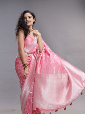 Peach Pink Satin Crape Ethnic Wear Saree