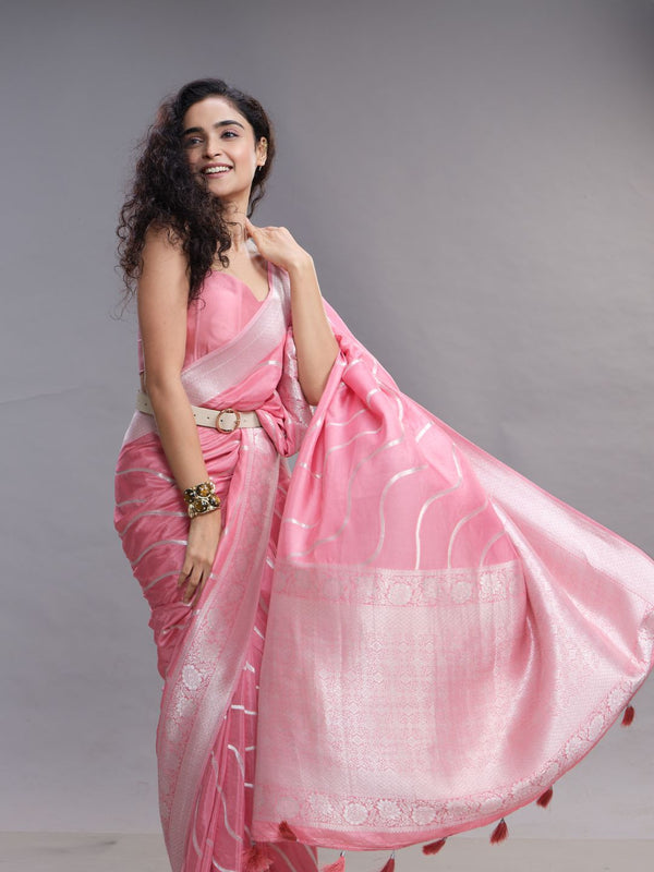 Peach Pink Satin Crape Ethnic Wear Saree
