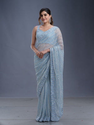 Powder Blue Organza Designer Fancy Saree
