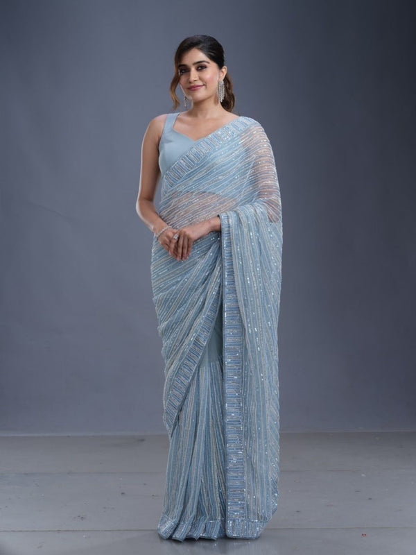 Powder Blue Organza Designer Fancy Saree