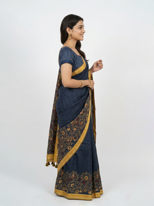 Chanderi Silk  Navy Blue Floral Border Saree