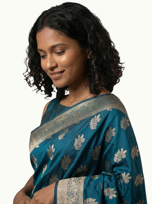 Art Silk Peacock Blue Zari Woven Saree with Floral Butta