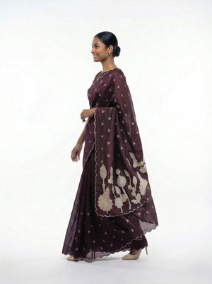 Organza Dark Purple Floral Butti Designer Saree with Scalloped  Border