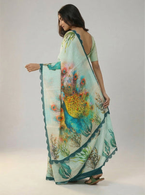 Cotton Mint Green Saree with Abstract Leaf and Ocean Inspired Design