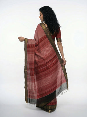 Cotton Red Checked Pattern Saree with Traditional Border