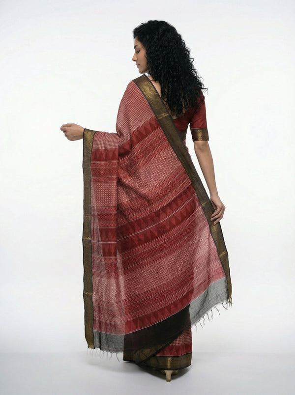 Cotton Red Checked Pattern Saree with Traditional Border