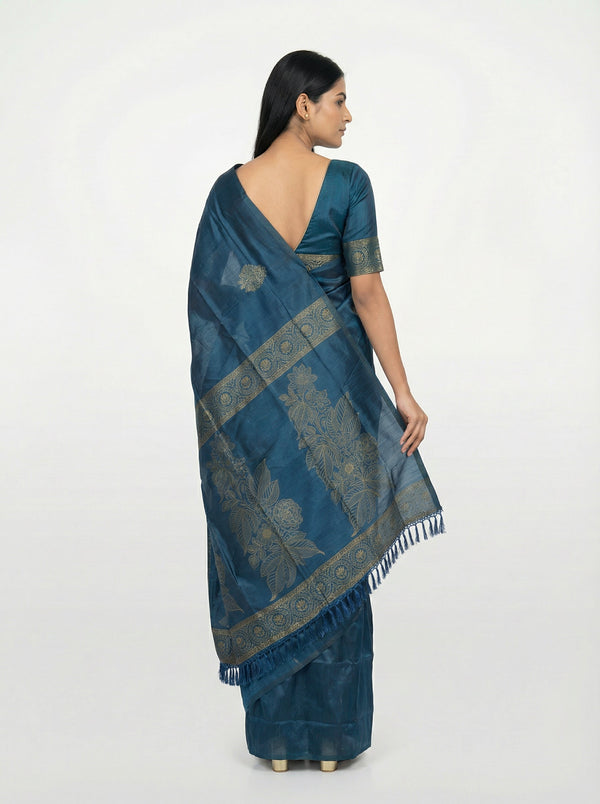 Semi Silk Ethnic Peacock Blue Saree with Traditional Butta Work