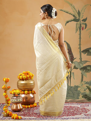 Golden Tissue Set Saree With Golden Bordered Off White Vertical Stripes On Body