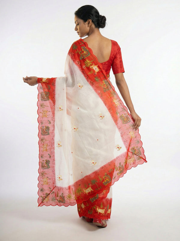 Cotton Off White Saree with Red Border and Decorative Traditional Pattern