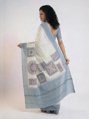 Cotton Off White Stripe Printed Saree with Blue Border Design