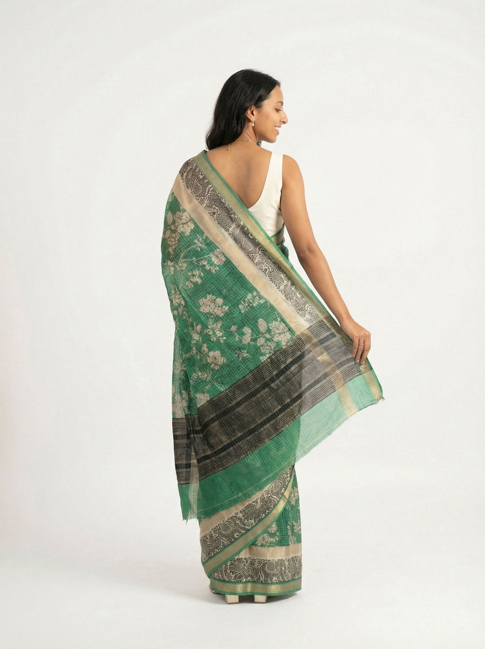 Chanderi Cotton Green And Beige Floral Printed Saree