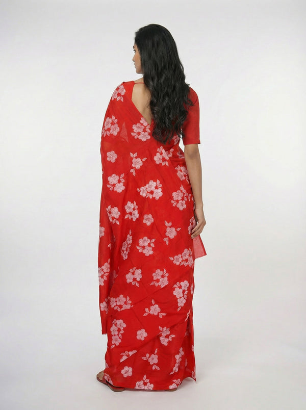 Chiffon Elegant Red  Saree with Sparkle Block Print