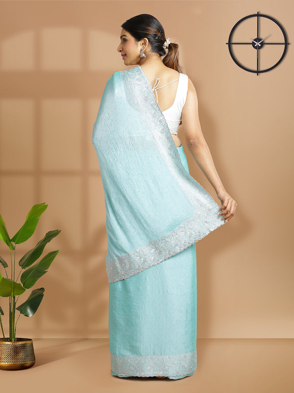 Teal Green Crushed Chiffon Saree With Mini Silver Stones On Body
