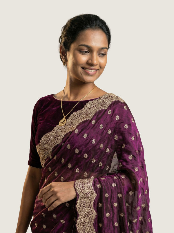 Shimmer Organza Wine Butta Designer Saree with Heavy Embroidered Border