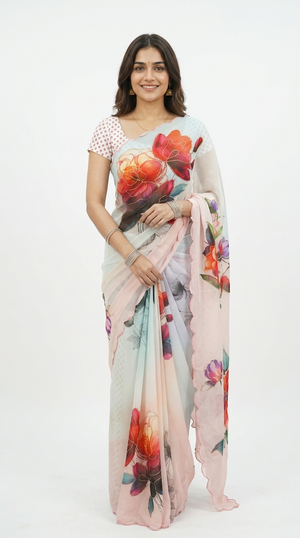 Chiffon Pastel Mint Pink Floral Printed Designer Saree
