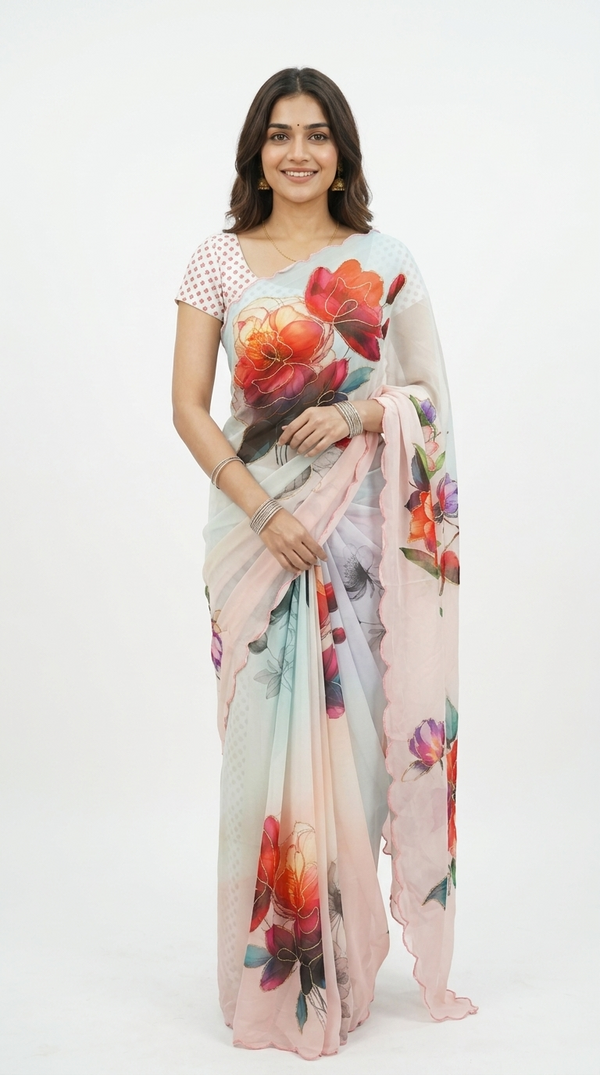 Chiffon Pastel Mint Pink Floral Printed Designer Saree