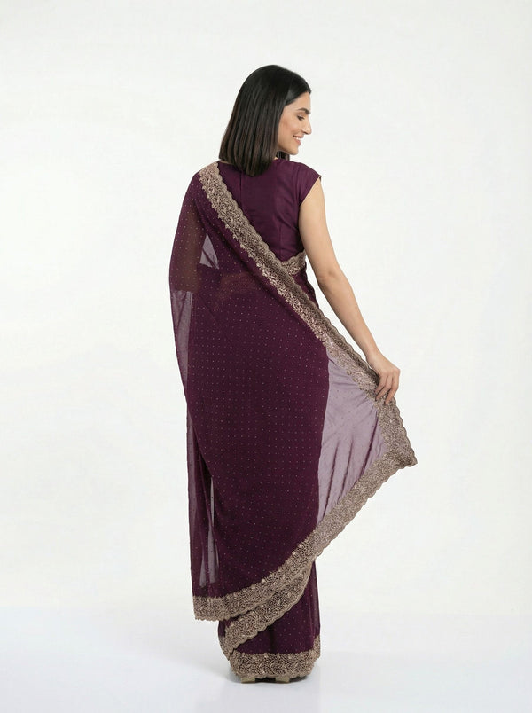 Vijithra Silk Wine Purple Zari Embroidered Designer Saree
