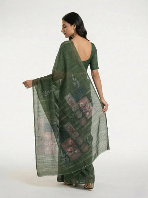 Cotton Dark Green Printed Saree with Abstract Floral Design