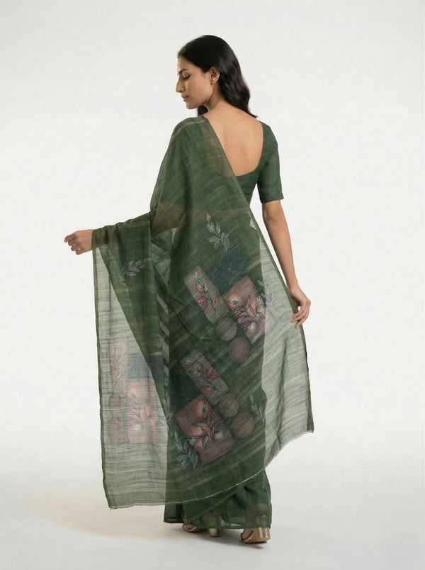 Cotton Dark Green Printed Saree with Abstract Floral Design