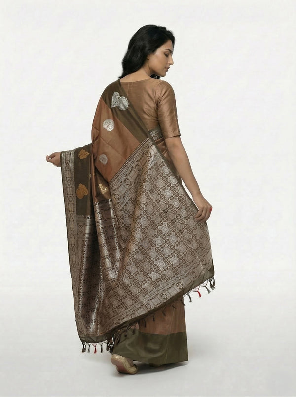 Art Silk Brown Butta Printed Saree with Contrast Border