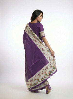 Cotton Silk Purple Ethnic Saree with Cultural Motif Border Design