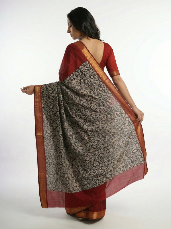 Cotton Red Saree with Traditional Black Printed Border Design