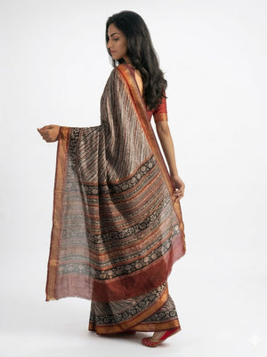 Cotton Beige Printed Saree with Fine Stripe Pattern and Contrast Border