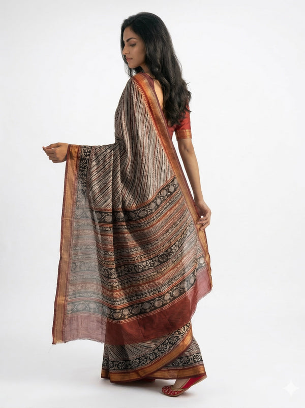 Cotton Beige Printed Saree with Fine Stripe Pattern and Contrast Border
