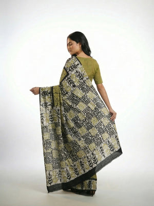 Cotton Saree in Olive Green with Abstract Print and Contrast Border