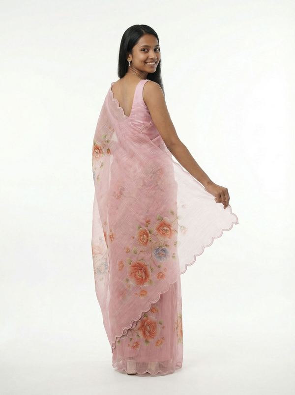 Organza Pink Floral Embroidered Saree