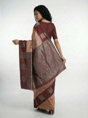 Semi Silk Peach & Maroon Zari Butta Saree with Contrast Border