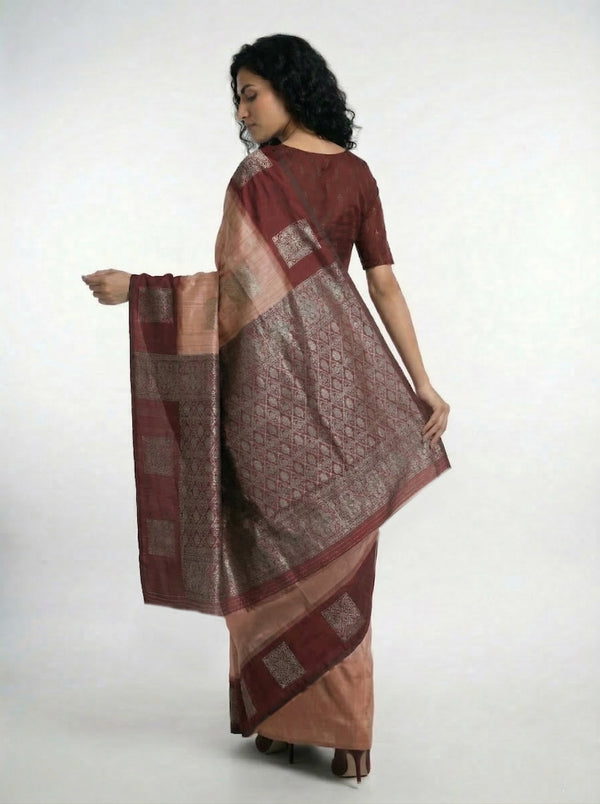 Semi Silk Peach & Maroon Zari Butta Saree with Contrast Border